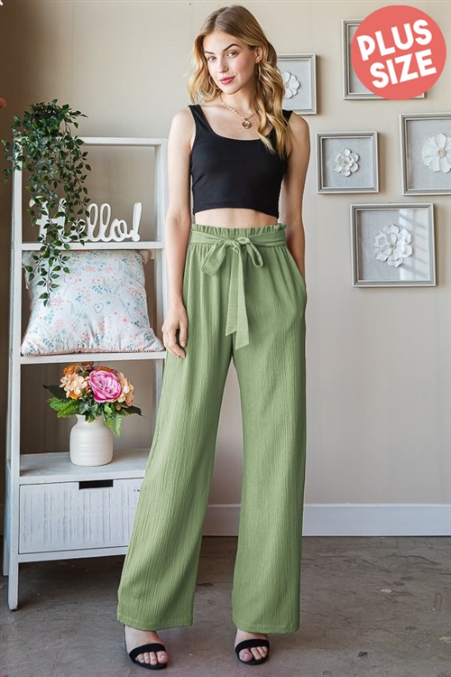 S35-1-1-HM-EP6700-16X-AVCD - PLUS SIZE SOLID CASUAL PANTS WITH PAPERBAG WAISTBAND- AVOCADO 2-2-2