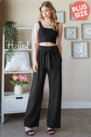 S35-1-1-HM-EP6700-16X-BK - PLUS SIZE SOLID CASUAL PANTS WITH PAPERBAG WAISTBAND- BLACK 2-2-2