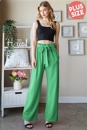 S35-1-1-HM-EP6700-16X-GN - PLUS SIZE SOLID CASUAL PANTS WITH PAPERBAG WAISTBAND- GREEN 2-2-2
