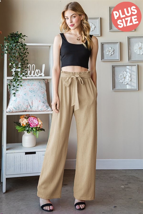 S35-1-1-HM-EP6700-16X-TN - PLUS SIZE SOLID CASUAL PANTS WITH PAPERBAG WAISTBAND- TAN 2-2-2