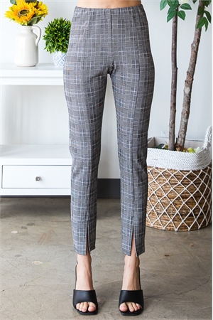 S35-1-1-HM-EP6709-11-BKWH - PLAID PRINT STRAIGHT FIT PANTS WITH FRONT SLIT- BLACK/WHITE 2-2-2