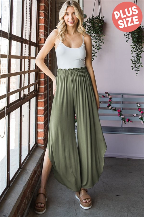 S35-1-1-HM-EP6713-10X-OV - PLUS SIZE SOLID ASYMMETRICAL PANTS WITH PAPERBAG WAISTBAND- OLIVE 2-2-2