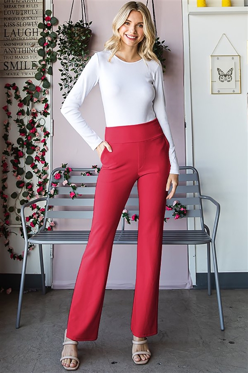 HM-EP6717-10-RD-SOLID FLARE PANTS WITH WIDE WAIST BAND AND SIDE POCKET DETAIL-RED-2-2-2