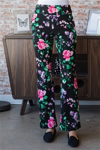 S35-1-1-HM-EP6717-15-BKHPK - FLORAL PRINT FLARE PANTS WITH WIDE WAIST BAND- BLACK/HOT PINK 2-2-2