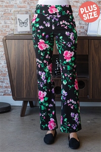 S35-1-1-HM-EP6717-15X-BKHPK - PLUS SIZE FLORAL PRINT FLARE PANTS WITH WIDE WAIST BAND- BLACK/HOT PINK 2-2-2