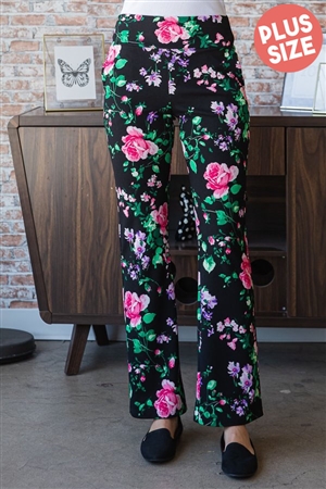 S35-1-1-HM-EP6717-15X-BKHPK - PLUS SIZE FLORAL PRINT FLARE PANTS WITH WIDE WAIST BAND- BLACK/HOT PINK 2-2-2