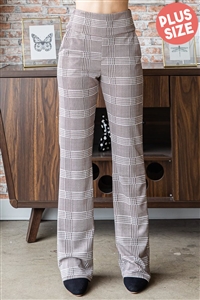 S35-1-1-HM-EP6717-16X-BR - OLUS SIZE PLAID PRINT FLARE PANTS WITH WIDE WAIST BAND- BROWN 2-2-2