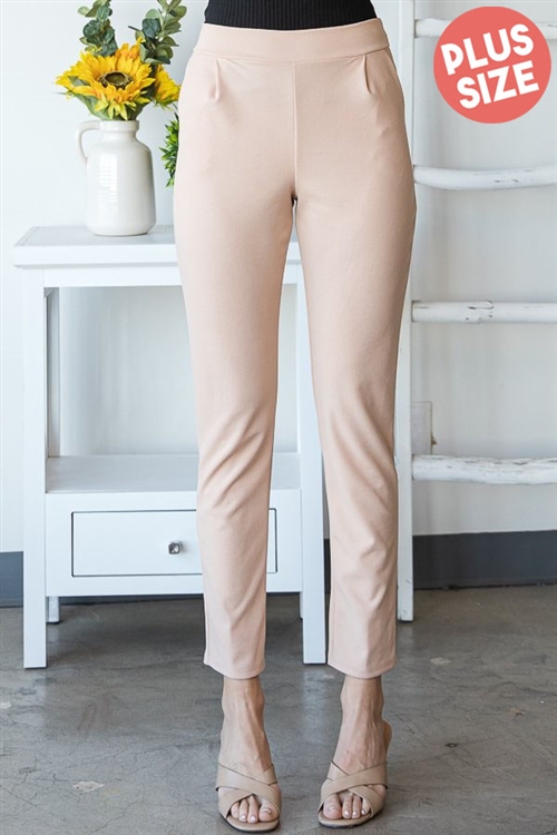 S35-1-1-HM-EP6719-10X-TP - PLUS SIZE SOLID STRAIGHT FIT PANTS WITH WAIST BAND- TAUPE 2-2-2