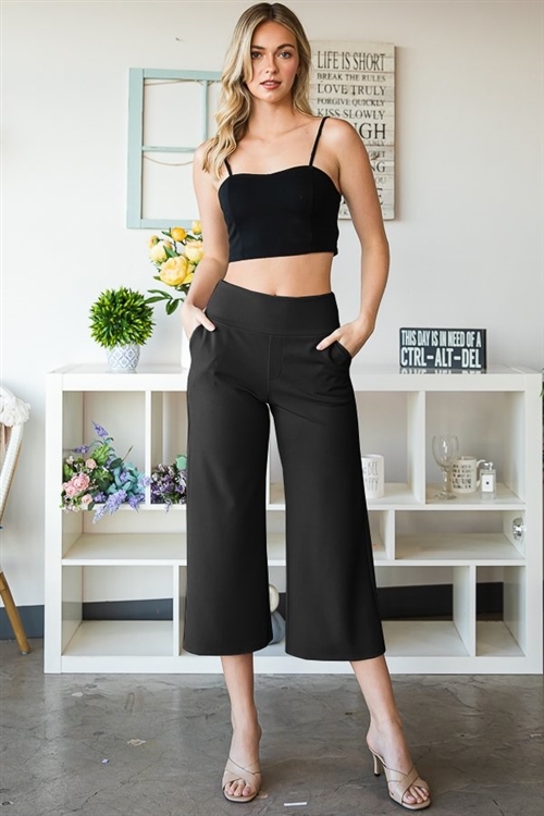 S35-1-1-HM-EP6733-10-BK - WIDE WAISTBAND SOLID CULOTTES PANTS WITH SIDE POCKET- BLACK 2-2-2