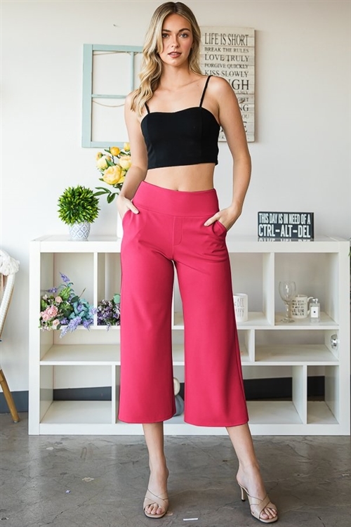 S35-1-1-HM-EP6733-10-FCH - WIDE WAISTBAND SOLID CULOTTES PANTS WITH SIDE POCKET- FUCHSIA 2-2-2
