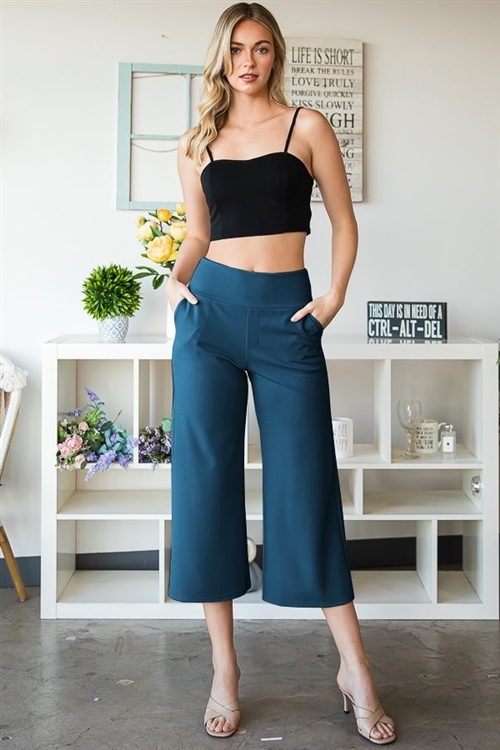 S35-1-1-HM-EP6733-10-TL - WIDE WAISTBAND SOLID CULOTTES PANTS WITH SIDE POCKET- TEAL 2-2-2