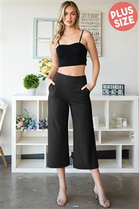 S35-1-1-HM-EP6733-10X-BK - PLUS SIZE WIDE WAISTBAND SOLID CULOTTES PANTS WITH SIDE POCKET- BLACK 2-2-2