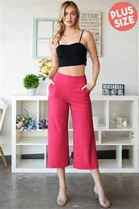 S35-1-1-HM-EP6733-10X-FCH - PLUS SIZE WIDE WAISTBAND SOLID CULOTTES PANTS WITH SIDE POCKET- FUCHSIA 2-2-2