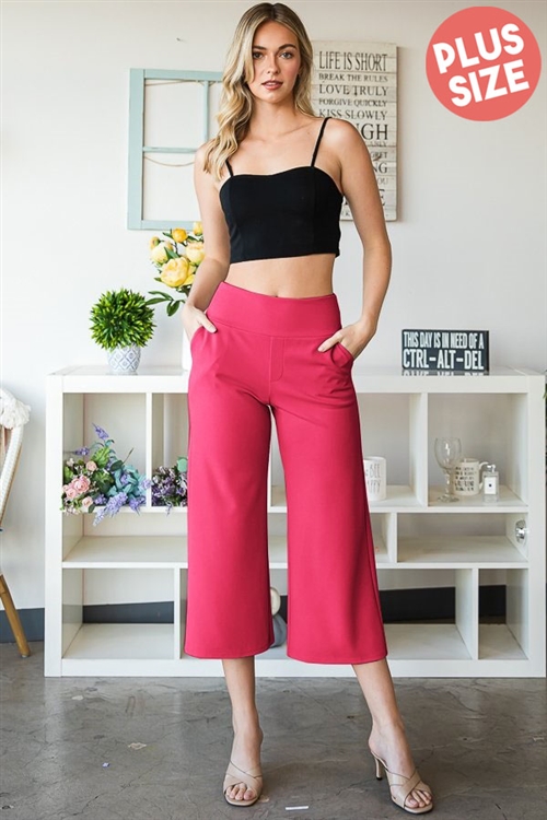 S35-1-1-HM-EP6733-10X-FCH - PLUS SIZE WIDE WAISTBAND SOLID CULOTTES PANTS WITH SIDE POCKET- FUCHSIA 2-2-2