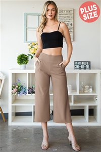 S35-1-1-HM-EP6733-10X-MC - PLUS SIZE WIDE WAISTBAND SOLID CULOTTES PANTS WITH SIDE POCKET- MOCHA 2-2-2