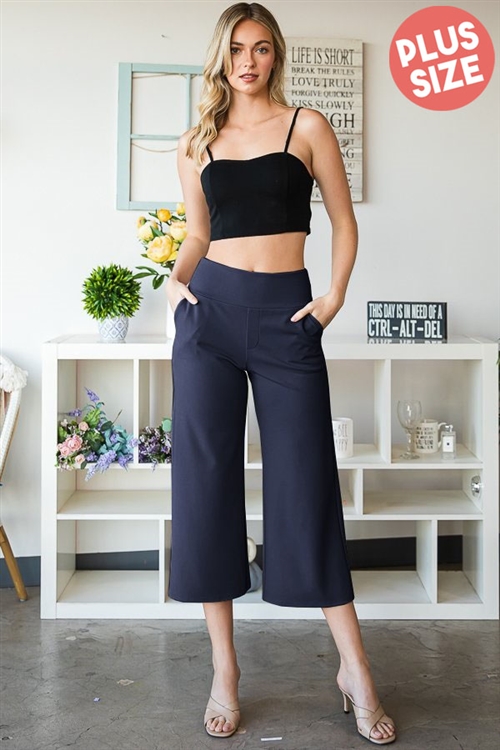 S35-1-1-HM-EP6733-10X-NV - PLUS SIZE WIDE WAISTBAND SOLID CULOTTES PANTS WITH SIDE POCKET- NAVY 2-2-2