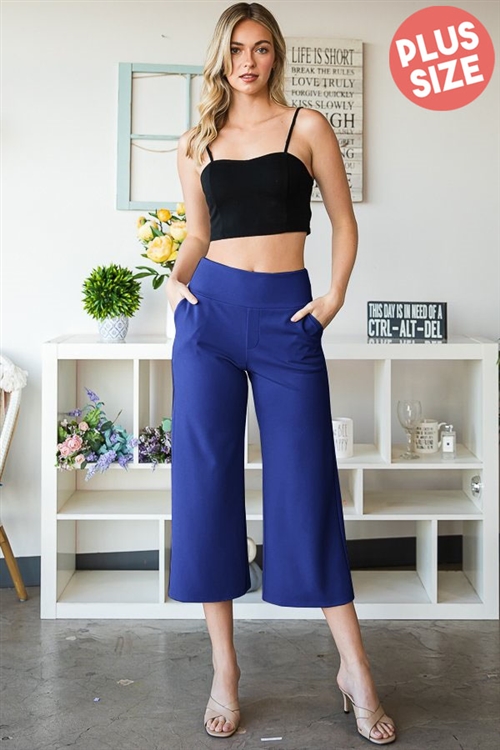 S35-1-1-HM-EP6733-10X-RYL - PLUS SIZE WIDE WAISTBAND SOLID CULOTTES PANTS WITH SIDE POCKET- ROYAL 2-2-2
