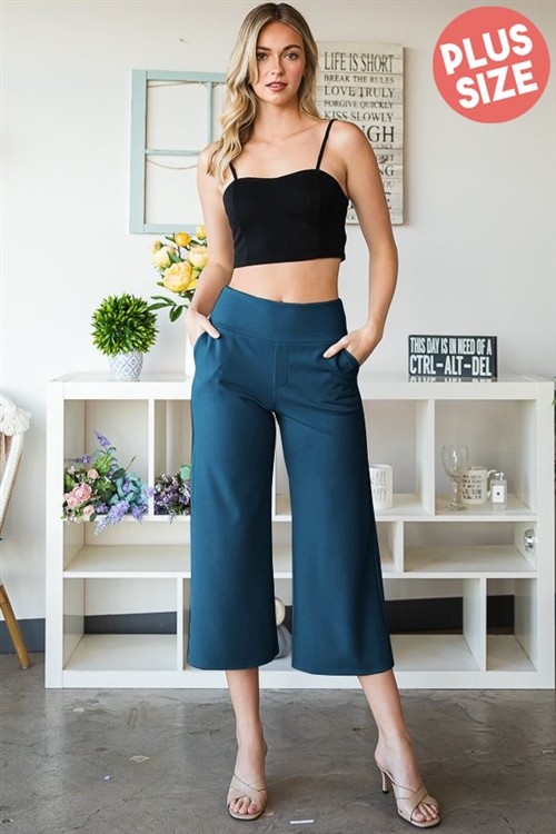 S35-1-1-HM-EP6733-10X-TL - PLUS SIZE WIDE WAISTBAND SOLID CULOTTES PANTS WITH SIDE POCKET- TEAL 2-2-2