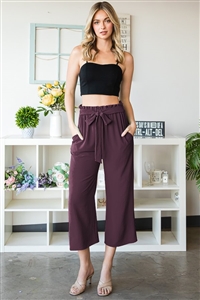 S35-1-1-HM-EP6735-10-EP - PAPERBAG WAISTBAND SOLID WOVEN CULOTTES PANTS- EGGPLANT 2-2-2