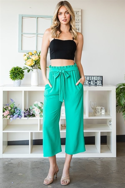 S35-1-1-HM-EP6735-10-GN - PAPERBAG WAISTBAND SOLID WOVEN CULOTTES PANTS- GREEN 2-2-2