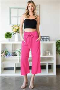 S35-1-1-HM-EP6735-10-HPK - PAPERBAG WAISTBAND SOLID WOVEN CULOTTES PANTS- HOT PINK 2-2-2
