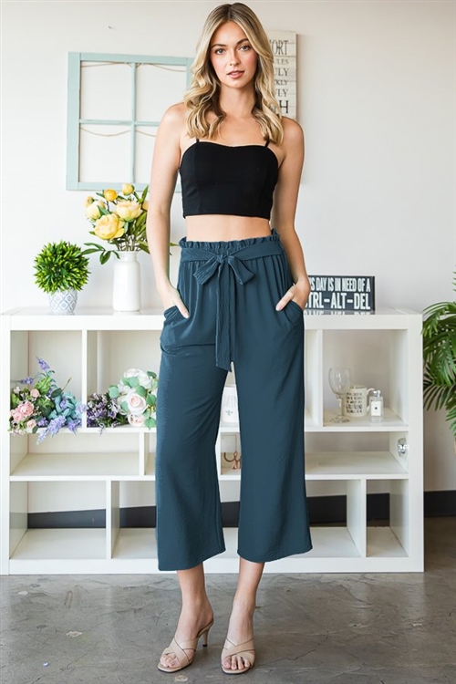 S35-1-1-HM-EP6735-10-INK - PAPERBAG WAISTBAND SOLID WOVEN CULOTTES PANTS- INK 2-2-2