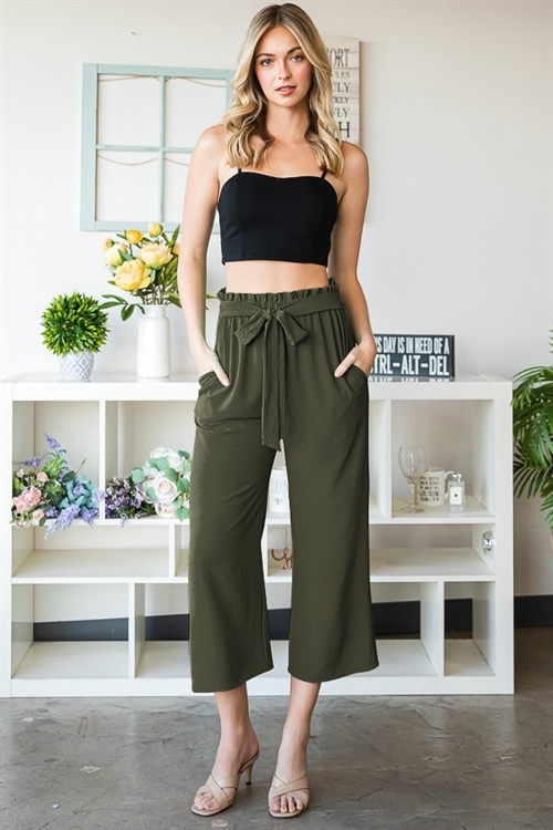 S35-1-1-HM-EP6735-10-OV - PAPERBAG WAISTBAND SOLID WOVEN CULOTTES PANTS- OLIVE 2-2-2
