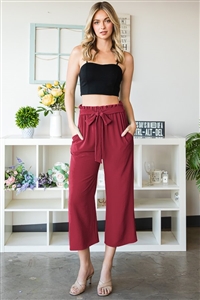 S35-1-1-HM-EP6735-10-RB - PAPERBAG WAISTBAND SOLID WOVEN CULOTTES PANTS- RUBY 2-2-2