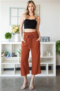 S35-1-1-HM-EP6735-10-RU - PAPERBAG WAISTBAND SOLID WOVEN CULOTTES PANTS- RUST 2-2-2
