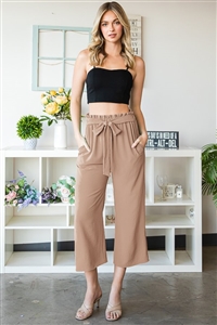 S35-1-1-HM-EP6735-10-TN - PAPERBAG WAISTBAND SOLID WOVEN CULOTTES PANTS- TAN 2-2-2