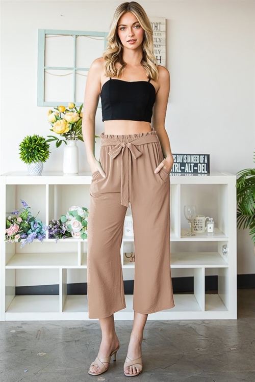 S35-1-1-HM-EP6735-10-TN - PAPERBAG WAISTBAND SOLID WOVEN CULOTTES PANTS- TAN 2-2-2