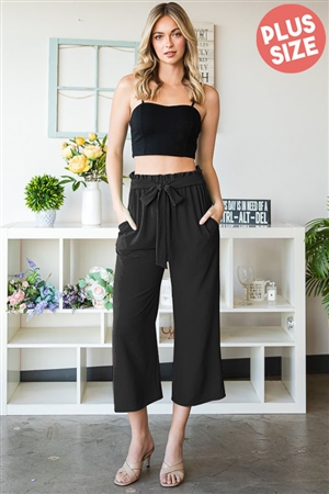 S35-1-1-HM-EP6735-10X-BK - PLUS SIZE PAPERBAG WAISTBAND SOLID WOVEN CULOTTES PANTS- BLACK 2-2-2