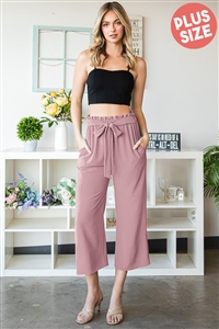 S35-1-1-HM-EP6735-10X-DRS - PLUS SIZE PAPERBAG WAISTBAND SOLID WOVEN CULOTTES PANTS- DUSTY ROSE 2-2-2