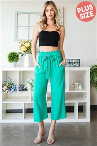S35-1-1-HM-EP6735-10X-GN - PLUS SIZE PAPERBAG WAISTBAND SOLID WOVEN CULOTTES PANTS- GREEN 2-2-2