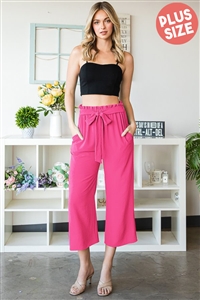 S35-1-1-HM-EP6735-10X-HPK - PLUS SIZE PAPERBAG WAISTBAND SOLID WOVEN CULOTTES PANTS- HOT PINK 2-2-2