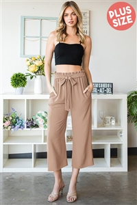 S35-1-1-HM-EP6735-10X-TN - PLUS SIZE PAPERBAG WAISTBAND SOLID WOVEN CULOTTES PANTS- TAN 2-2-2