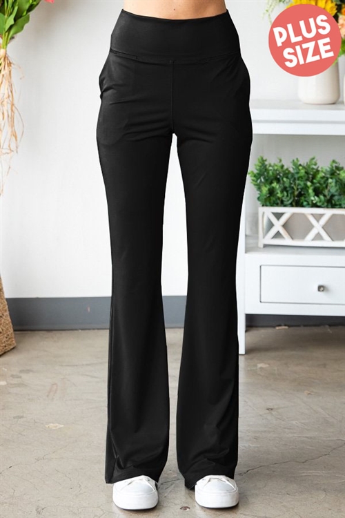 S35-1-1-HM-EP6742-10X-BK - PLUS SIZE SOLID FLARE FIT LEGGINGS AND SIDE POCKET- BLACK 2-2-2