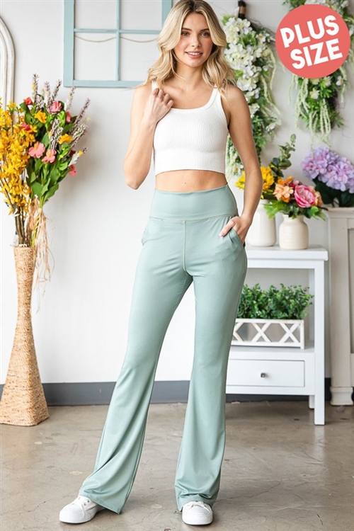S35-1-1-HM-EP6742-10X-SG - PLUS SIZE SOLID FLARE FIT LEGGINGS AND SIDE POCKET- SAGE 2-2-2