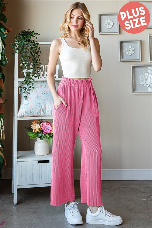 S35-1-1-HM-EP6751-12X-PKHT - PLUS SIZE SOLID URBAN RIBBED CROPPED PANTS WITH PAPERBAG WAISTBAND- PINK HOT-2-2-2