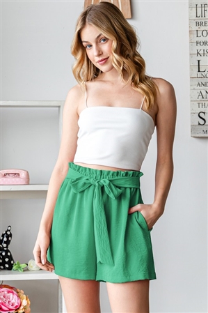 S35-1-1-HM-EP6756-10-KG - SOLID SHORT PANTS WITH PAPERBAG WAISTBAND AND SIDE POCKET- KELLY GREEN 2-2-2