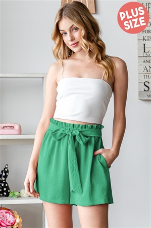 S35-1-1-HM-EP6756-10X-KG - PLUS SIZE SOLID SHORT PANTS WITH PAPERBAG WAISTBAND AND SIDE POCKET- KELLY GREEN 2-2-2