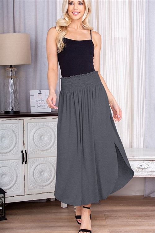 S35-1-1-HM-ES6100-11-CH - MIDI SKIRT WITH SMOCKED WAIST AND SIDE SLIT- CHARCOAL 2-2-2