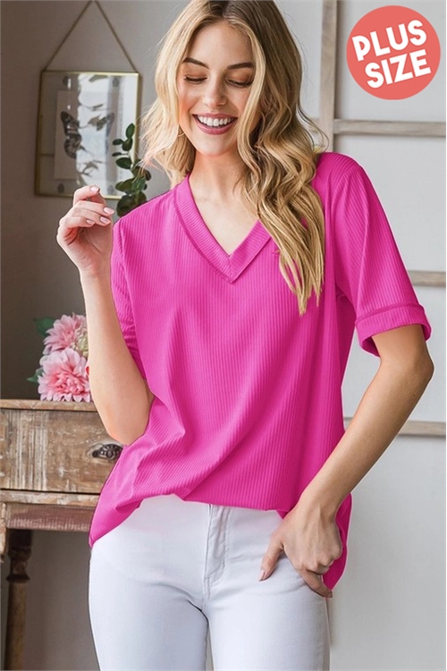 S35-1-1-HM-ET5200-10X-NPK - PLUS SIZE BAND SOLID RIBBED TOP WITH ROUND HEM- NEON PINK 2-2-2