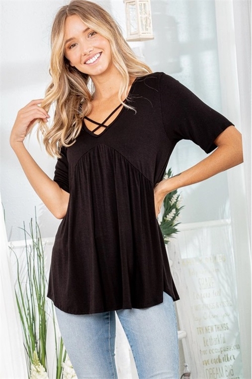 S35-1-1-HM-ET6117-11-BK - HALF SLEEVE CRISSCROSS V NECK SOLID BABYDOLL TOP- BLACK 2-2-2