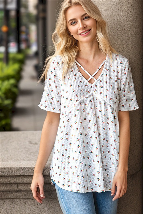 S35-1-1-HM-ET6117-31-IVMLT - CRISSCROSS DITSY FLORAL PRINT BABYDOLL TOP- IVORY MULTI 2-2-2