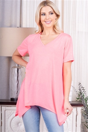 S35-1-1-HM-ET6201S-NPK - SHORT SLEEVE V NECK SOLID TOP WITH DRAPED- NEON PINK 2-2-2