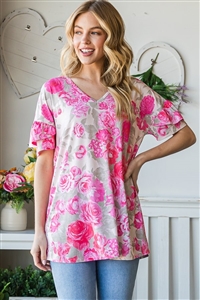 S35-1-1-HM-ET6209-20-TPFCH - DOLMAN SHORT SLEEVE DOUBLE RUFFLED FLORAL PRINT TOP- TAUPE/FUCHSIA 2-2-2
