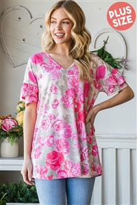 S35-1-1-HM-ET6209-20X-TPFCH - PLUS SIZE DOLMAN SHORT SLEEVE DOUBLE RUFFLED FLORAL PRINT TOP- TAUPE/FUCHSIA 2-2-2