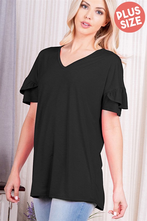 S35-1-1-HM-ET6209-BULX-BK - RUFFLED SHORT SLEEVE V NECK SOLID TOPX SIZE- BLACK 2-2-2