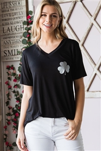 S35-1-1-HM-ET6279-10-BK - SHORT SLEEVE V NECK SOLID TOP WITH CLOVER PRINTED- BLACK 2-2-2